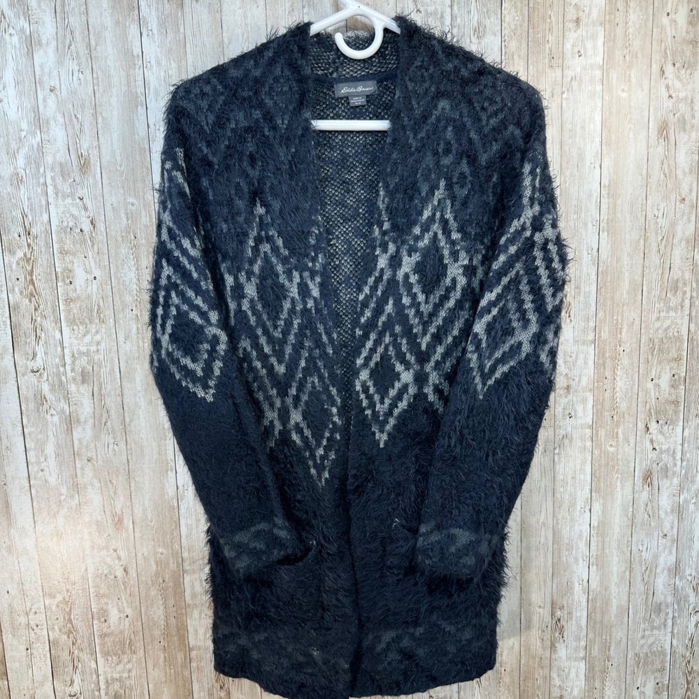 Eddie Bauer Women's Chevron Aztec Cardigan Navy Gray Open Front Fuzzy Medium M